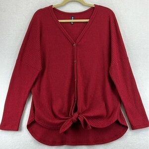 IWOLLENCE Women’s Waffle Knit Top Loose Long Sleeve Button Up Tie Top, Brick Red